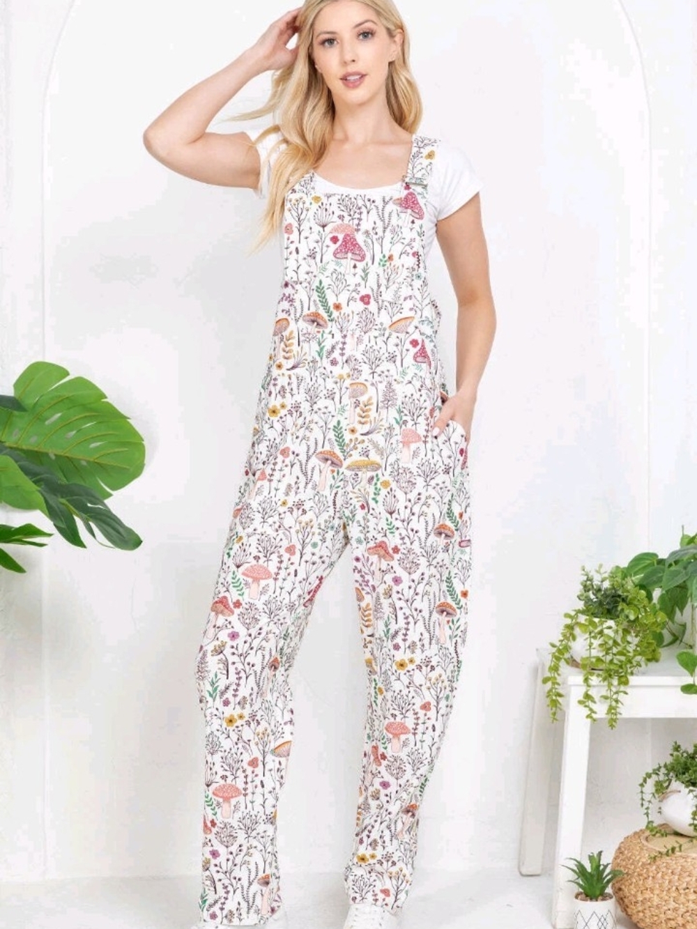 LA Soul Floral Mushroom Print Relaxed Fit Overalls